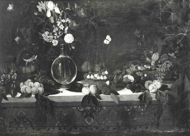 Anonimo — Maestro della natura morta di Hartford - sec. XVI - Natura morta con frutta, vaso di fiori e farfalle — insieme